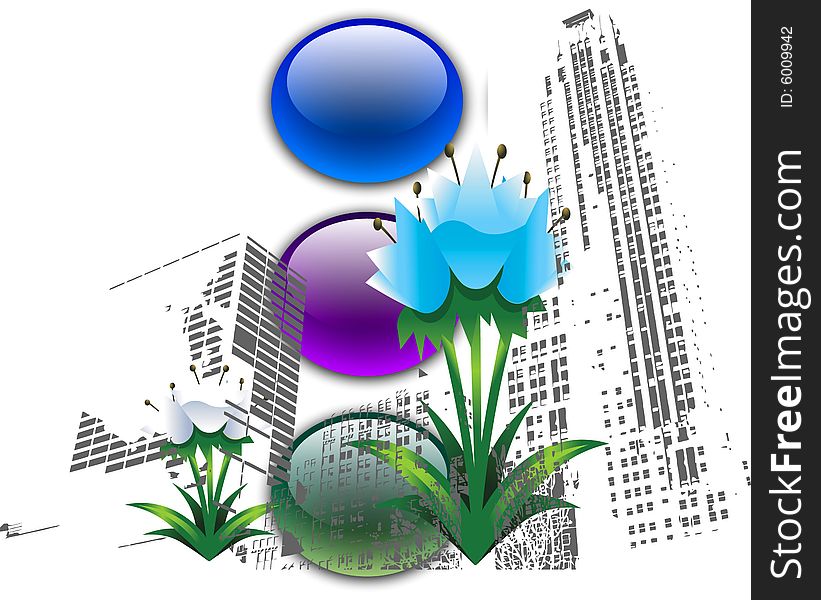 Jpeg and vector illustration with skyscrapers and flower as foreground. Jpeg and vector illustration with skyscrapers and flower as foreground