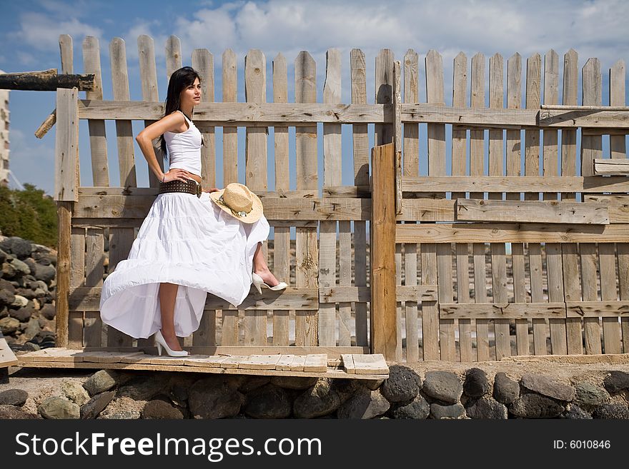 Young attractive woman posing on old wood fence. Young attractive woman posing on old wood fence