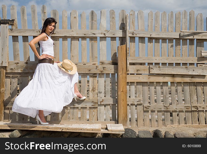 Young attractive woman posing on old wood fence. Young attractive woman posing on old wood fence