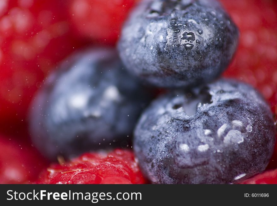 Blueberries Sitting on Raspberries in Close Up. Blueberries Sitting on Raspberries in Close Up