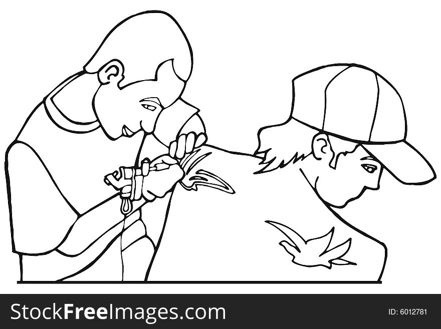 Art illustration of a tattooist and his customer
