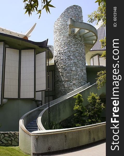 A curved stairway leading around a stone cylindrical structure located in Los Angeles California