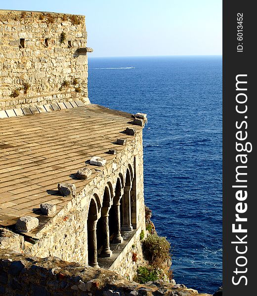 An outdoor view of the porch of San Pietro church in Porto Venere. An outdoor view of the porch of San Pietro church in Porto Venere