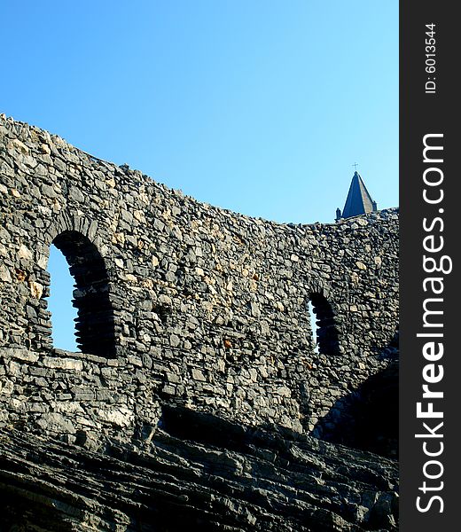 The walls of the ancient Doria Castle in Porto Venere. The walls of the ancient Doria Castle in Porto Venere