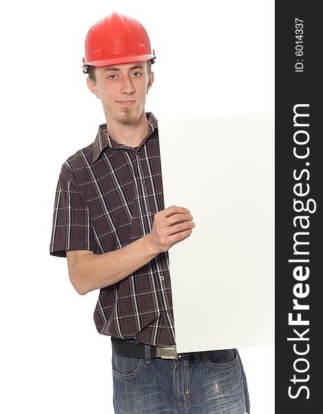 Happy man on white background with banner. Happy man on white background with banner