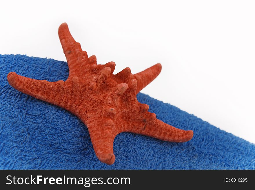 Red starfish on a towel