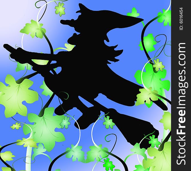 Silhouette of a  Witch  with Green  Leaves on a Gradient Background