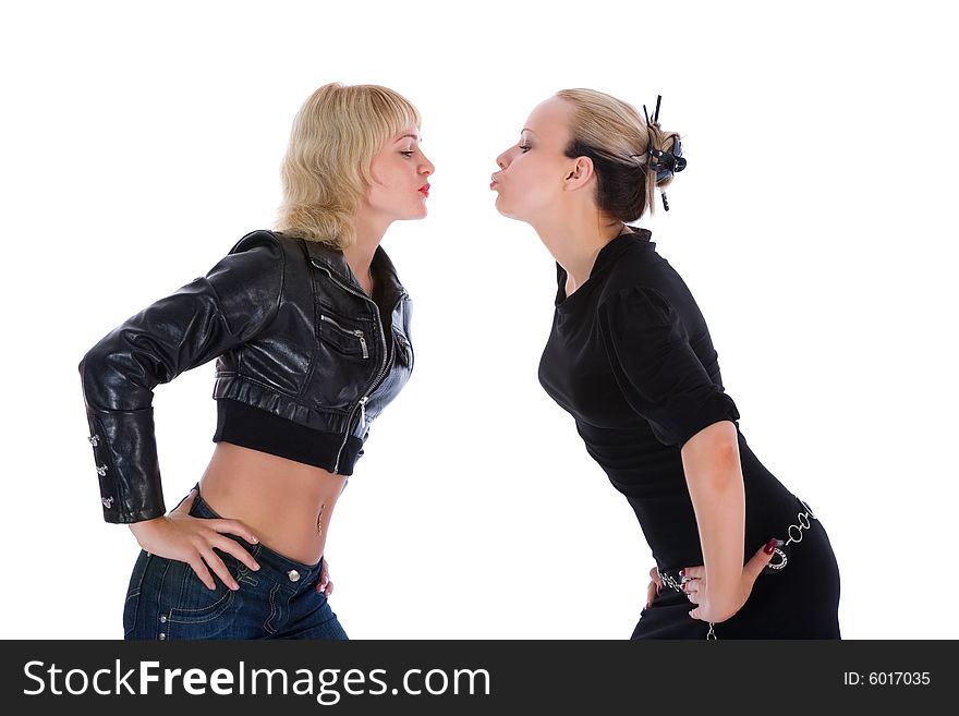 Portrait of two enamoured girls on the white