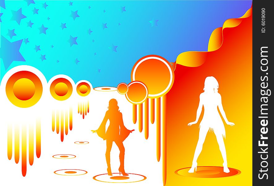 Two sexy females dancing on a colorful backround with stars up on the sky. Two sexy females dancing on a colorful backround with stars up on the sky