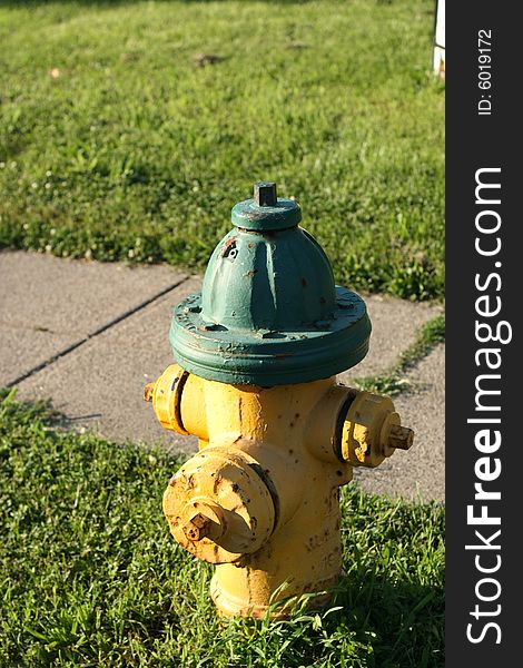 Yellow fire hydrant, Sidelit in summer in local neighborhood
