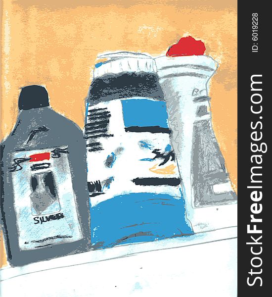 A few artist paint bottles on a shelf in a fully scalable, hand painted vector illustration.