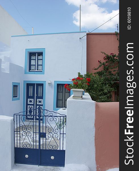 Typical white and blue Greek house on Santorini island