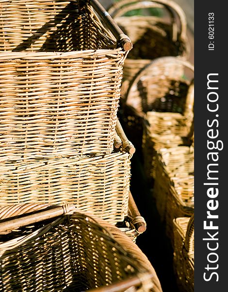 Wicker baskets at a country market outdoors