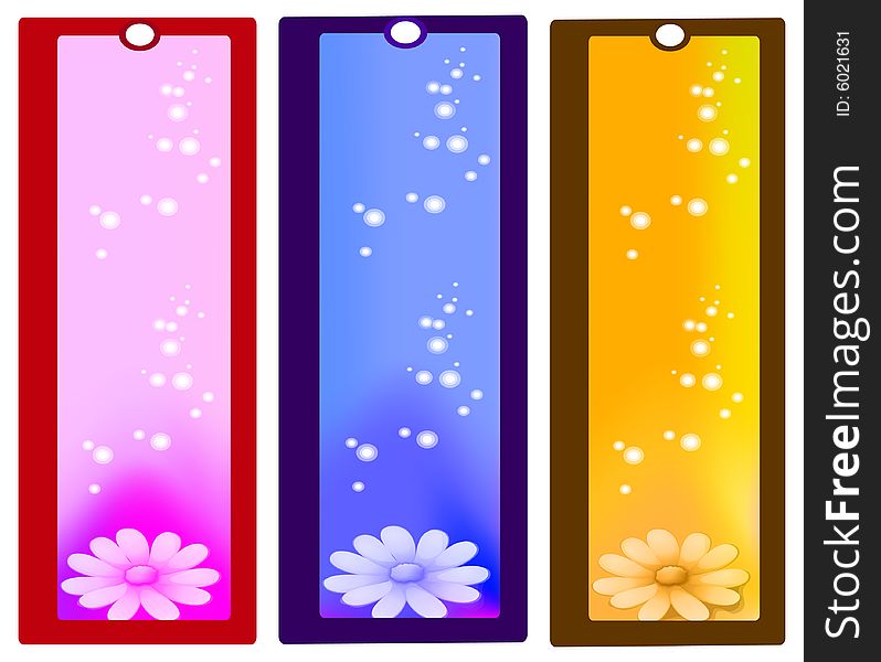Three tags in red,blue green with flowers in respective colors to them.