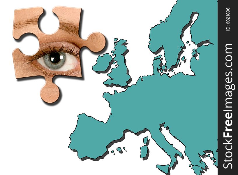 Eye jigsaw piece over map of Europe. Eye jigsaw piece over map of Europe