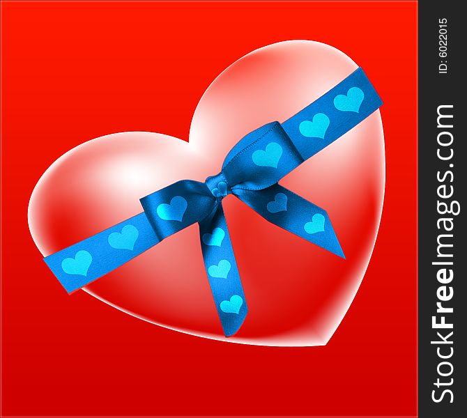 A red heart bound with blue ribbon. A red heart bound with blue ribbon