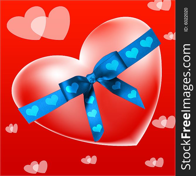 A red heart bound with blue ribbon with coupled hearts around it. A red heart bound with blue ribbon with coupled hearts around it.