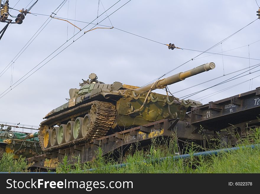 Russian tank on a troop-train bay