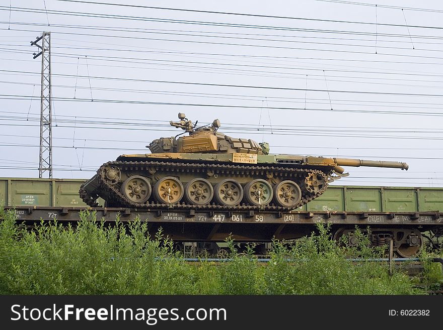 Russian tank on a troop-train bay. Russian tank on a troop-train bay