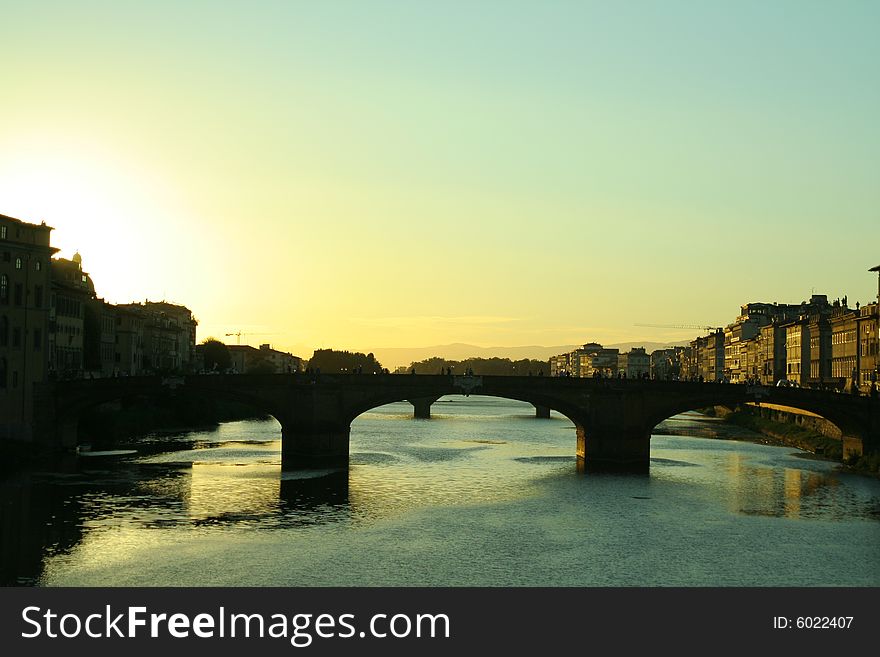 Sunset View from the Ponte Vecchio Bridge in Florence Italy. Sunset View from the Ponte Vecchio Bridge in Florence Italy