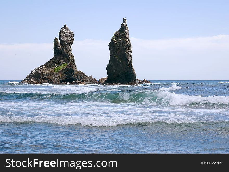 Two rocks in Japanese sea Pacific ocean