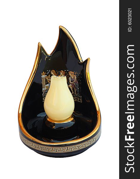 The candlestick decorate in greek style. Porcelain. Isolated