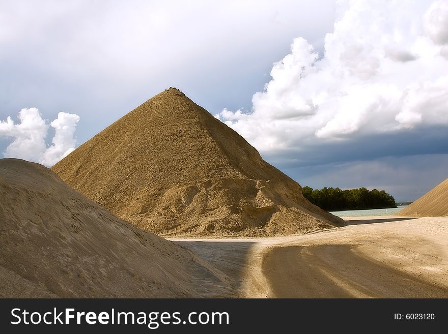 Sand mountain on a construction site by Detroit river