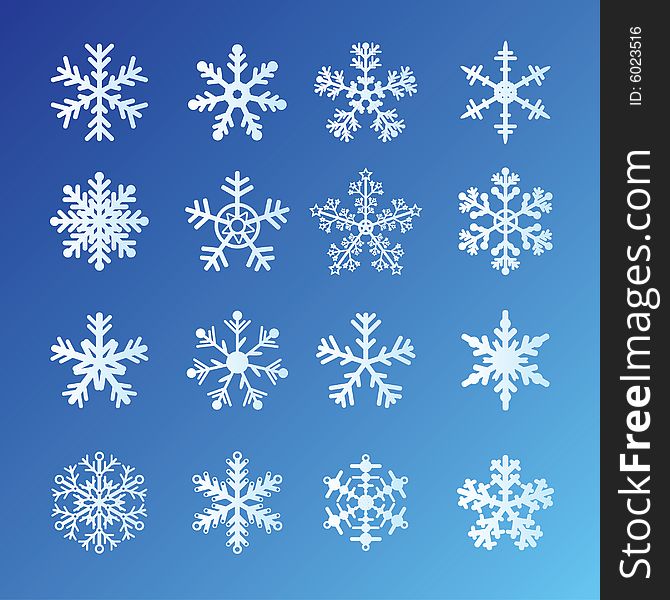 16 Snowflakes Set On Blue Background. Easy to edit vector.