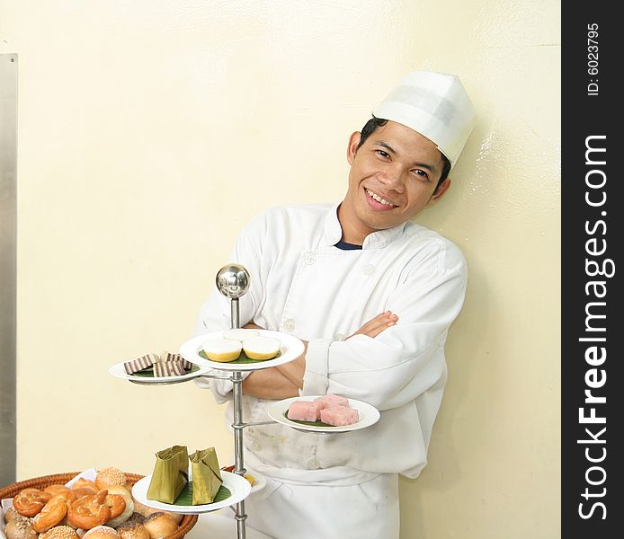 Chef and his pastry and bakery. Chef and his pastry and bakery