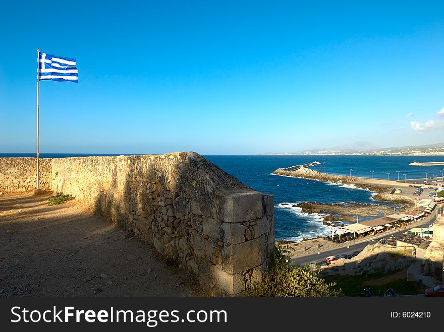 Seascape from of the typical mediterranean fortress. Rethymno city. Crete island. Greece. Seascape from of the typical mediterranean fortress. Rethymno city. Crete island. Greece.