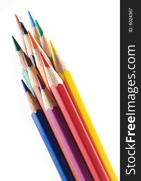 Vibrant bunch of coloring pencil over white. Vibrant bunch of coloring pencil over white
