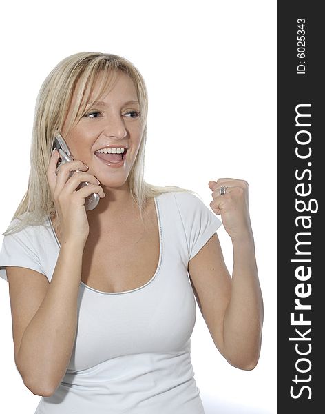 Young woman with mobile phone, shows emotions. Young woman with mobile phone, shows emotions.