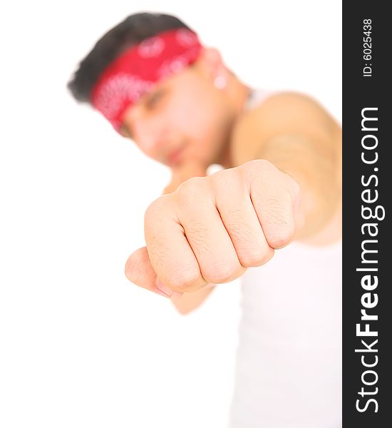 Close up shot of young man's fist. focus on the fist only. isolated on white background. Close up shot of young man's fist. focus on the fist only. isolated on white background