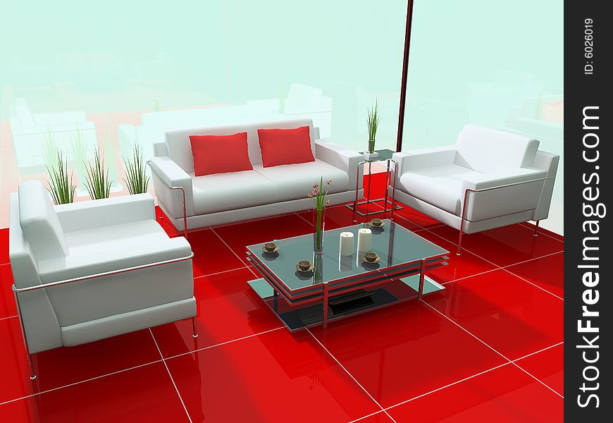 White upholstered furniture on a red granite floor. White upholstered furniture on a red granite floor
