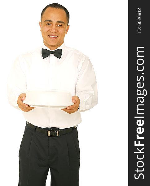A waiter holding food tray with happy expression. isolated on white
