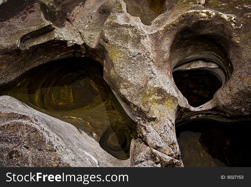 Holes in the rock worn in the shape of eyes by the running water. Holes in the rock worn in the shape of eyes by the running water