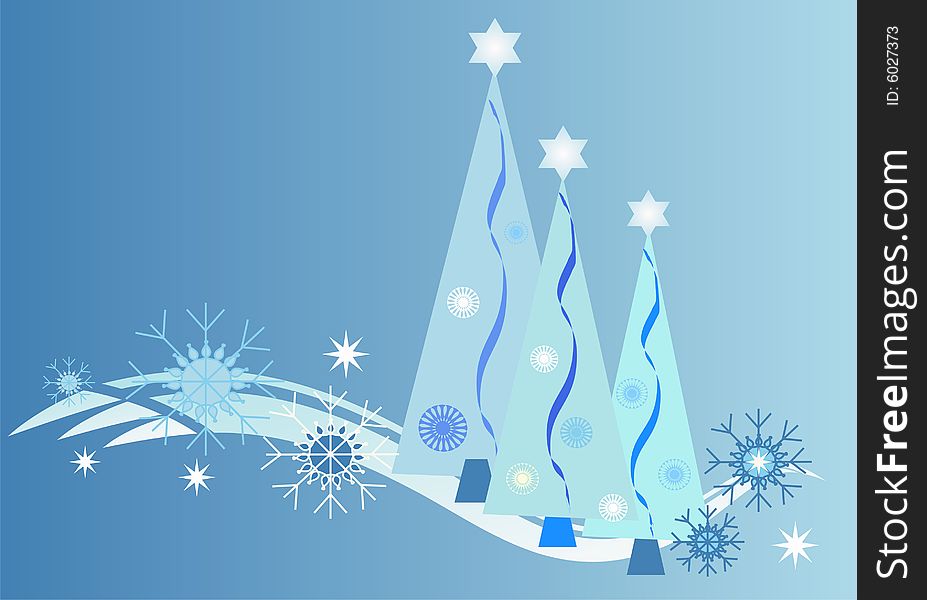 This illustration shows three cute little christmas trees and decorative snowflakes and stars. Can be used as a background too. This illustration shows three cute little christmas trees and decorative snowflakes and stars. Can be used as a background too.