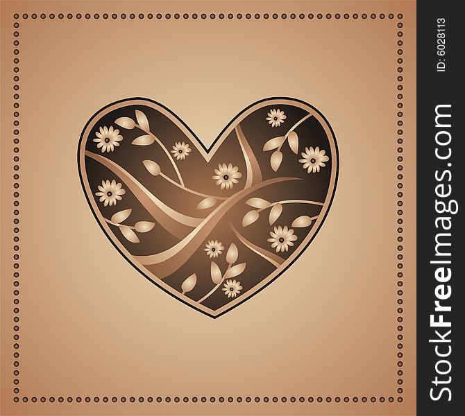 Decorative brown heart with flowers and branches. Decorative brown heart with flowers and branches