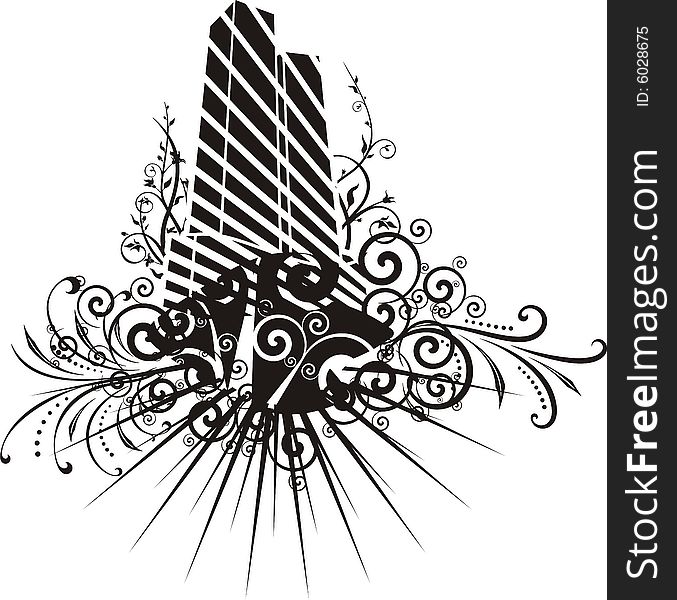 Black and white skyscraper design with ornamental details. Vector illustration. Black and white skyscraper design with ornamental details. Vector illustration.