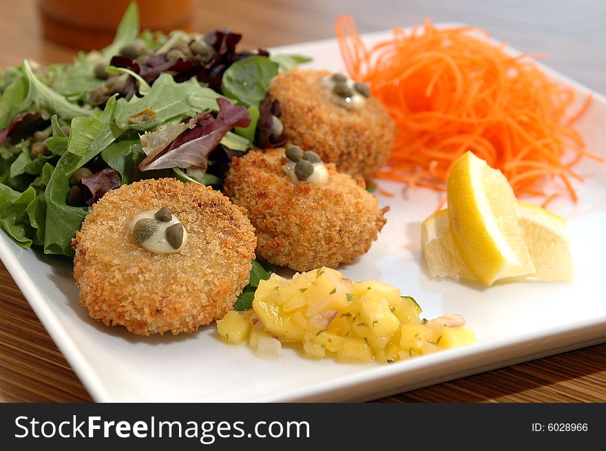 Deep fried scallops with capers