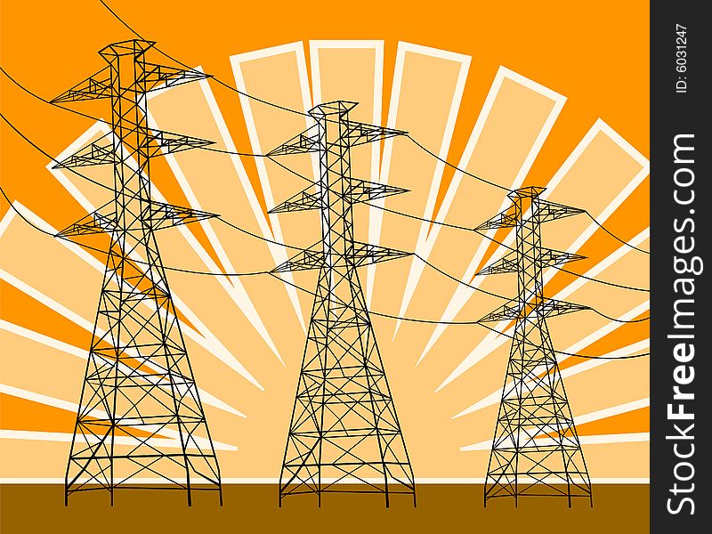 Vector art on pylons and electricity connection lines with sun in background. Vector art on pylons and electricity connection lines with sun in background