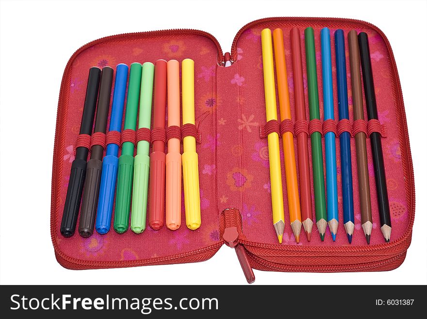 Case with colour pencils and felt pens