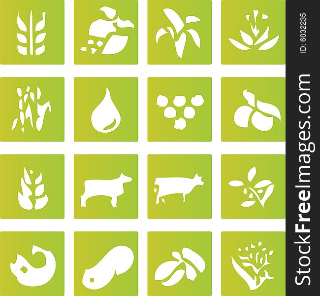 A set of sixteen green vector icons that represent the different major industries including; coal, gas, oil, electricity, power, mining, cattle, farming, shipping, fishing, burning. A set of sixteen green vector icons that represent the different major industries including; coal, gas, oil, electricity, power, mining, cattle, farming, shipping, fishing, burning.