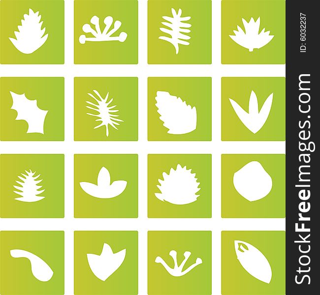 A selection of scalable vector green icons representing different types of leaves from a tree. A selection of scalable vector green icons representing different types of leaves from a tree.