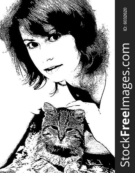Portrait of the girl with a cat as a black-and-white engraving. Portrait of the girl with a cat as a black-and-white engraving.