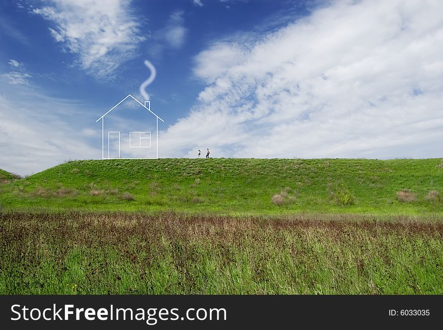 Spring landscape with two traveler and dream house