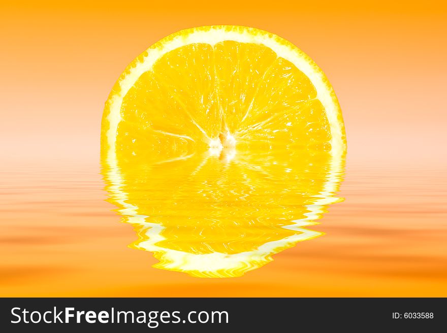 Fresh slice of orange with zesty gradient lighting and water reflection. Fresh slice of orange with zesty gradient lighting and water reflection