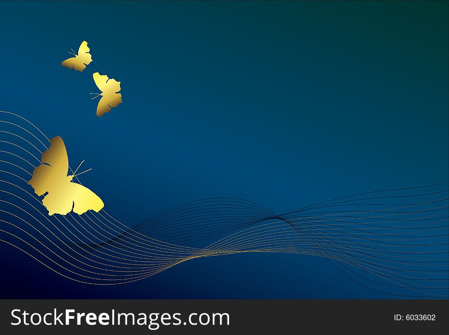 Golden butterflies and curves on a blue background. Golden butterflies and curves on a blue background