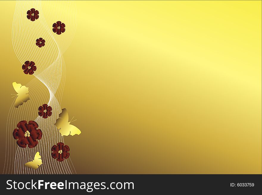 Red blossoms and golden butterflies with curves on a shiny golden background. Red blossoms and golden butterflies with curves on a shiny golden background