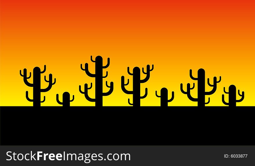 Vector cactus silhouette on sunrise background. Vector cactus silhouette on sunrise background